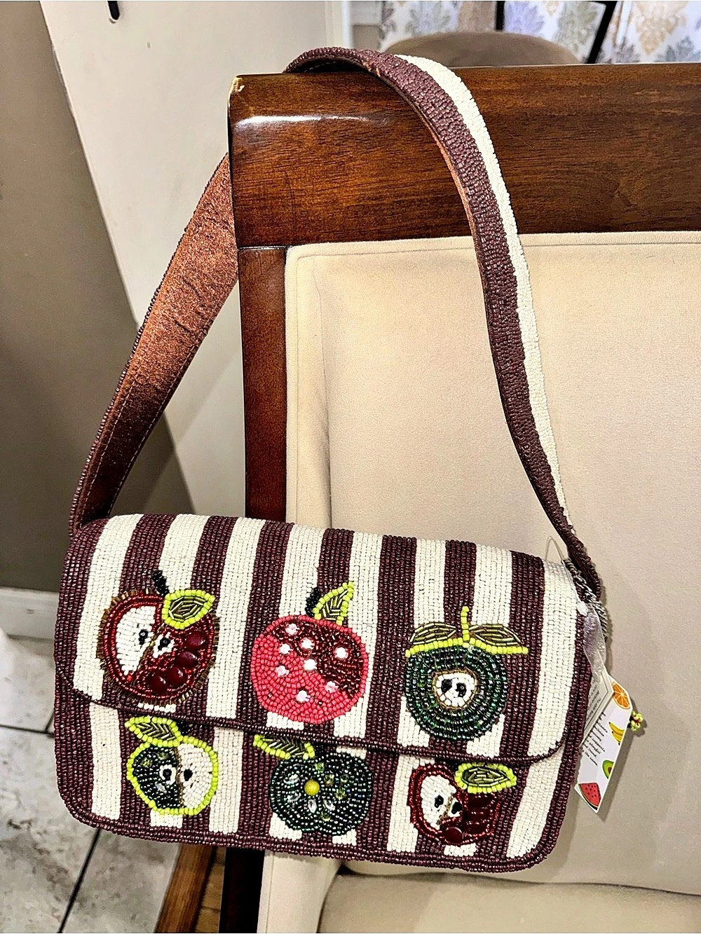 Beaded Apple Shoulder Bag in Brown & White - New